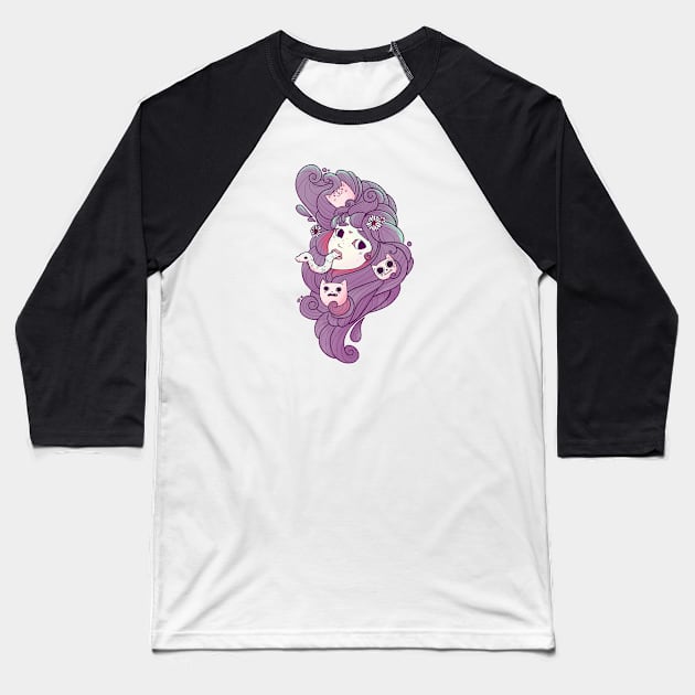 Dreamy Girl Head With Cats And Snake Art Baseball T-Shirt by cellsdividing